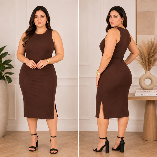 Vestido Feminino Regata com Fenda Lateral Canelado Midi