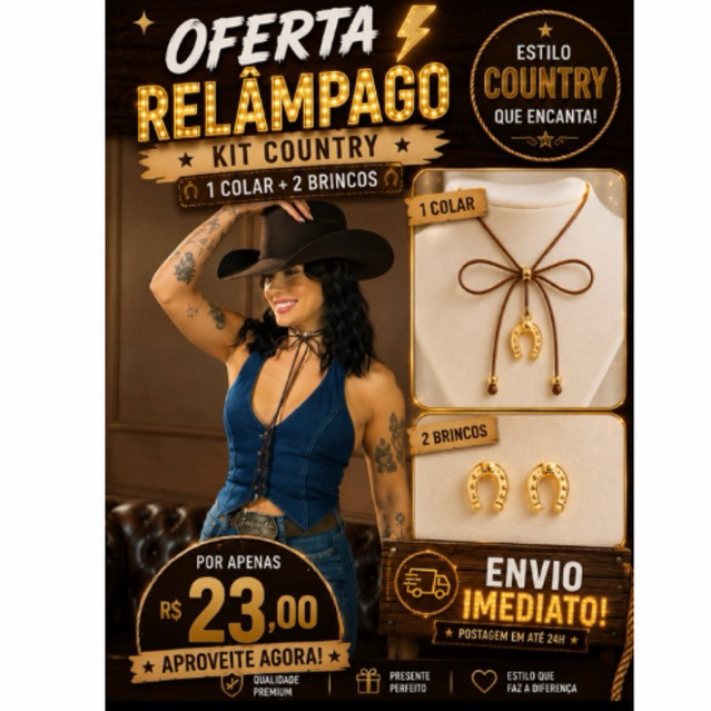 OFERTA RELÂMPAGO 3 Itens , 1 Colar Country Estilo Rodeio Boiadeira + 2  Brincos