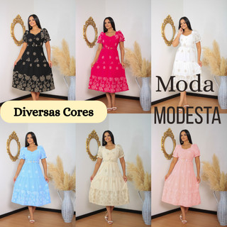 Vestido Camponesa em duna espumado com Botões frontais e Cinto – Manga Curta, Ajuste com Elástico, Tecido Duna Espuma