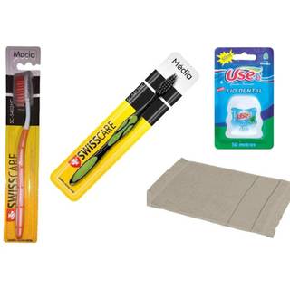 Kit higiene bucal ~ 2 escova adulto ~1 toalha ~1 fio dental com 50m ~Kit para viagem/ trabalho/ academia