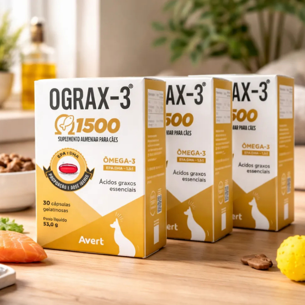 Kit 3 Suplemento Nutricional Ograx-3 1500 Cão Cães E Gatos 90 Capsulas Com Ômega 3