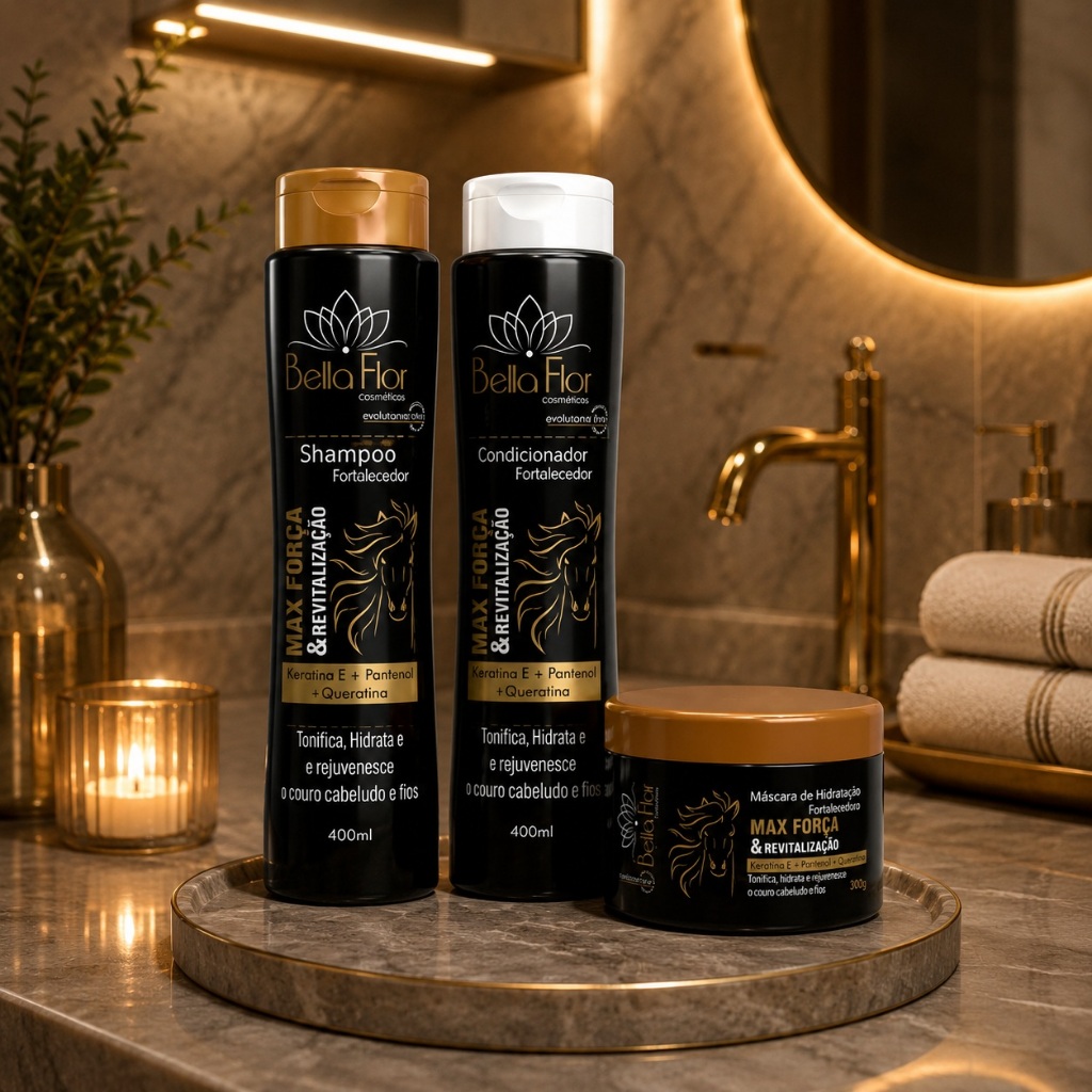 Kit Capilar Crescimento Max Força e Revitalização 3 Produtos Shampoo Condicionador Máscara Bella Flor Profissional
