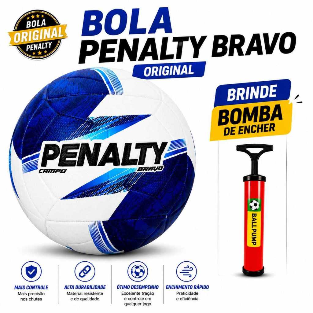 Bola de Futebol Penalty Bravo Original Campo + Bomba de Encher Grátis Alta Durabilidade 25% OFF