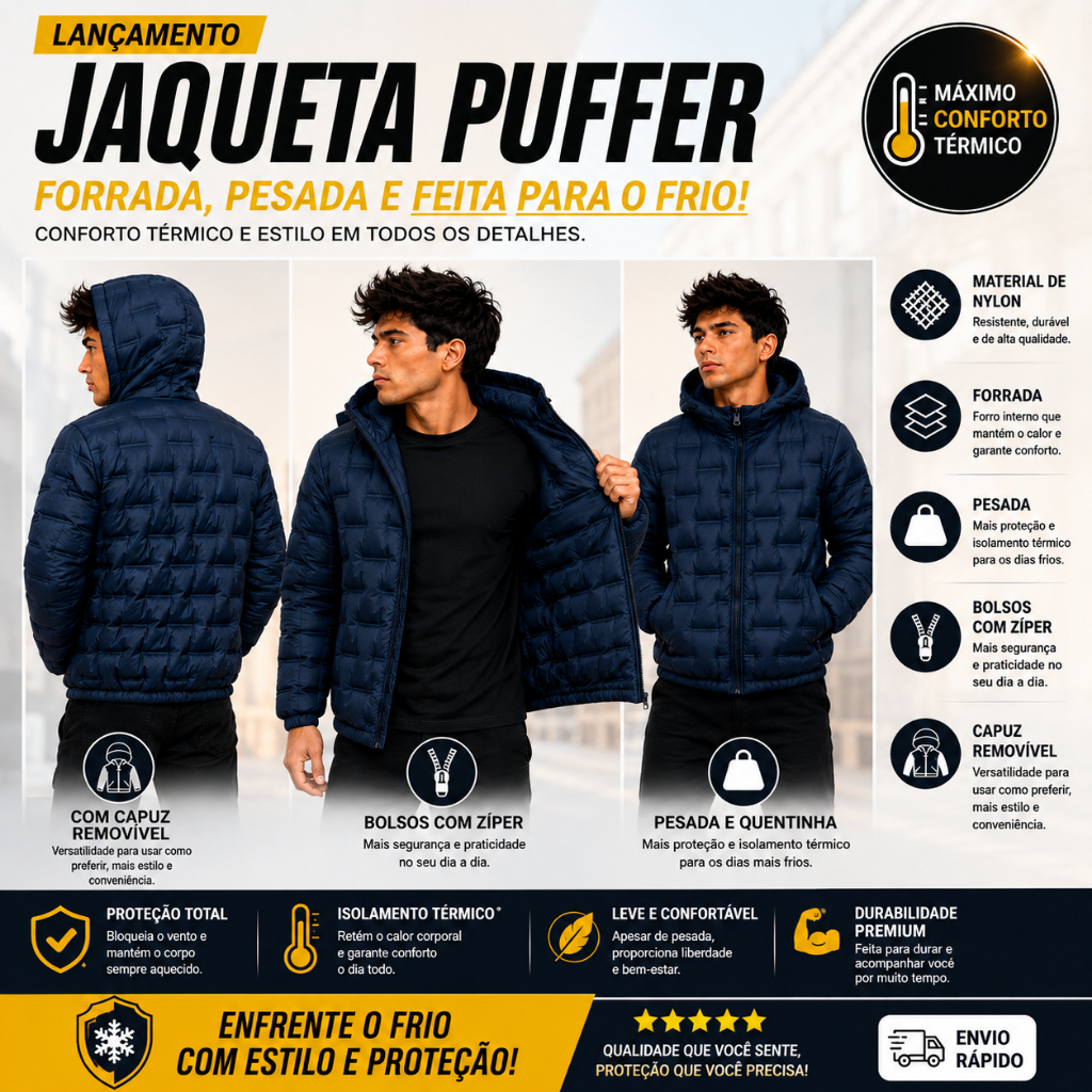 Jaqueta Bobojaco Bomber Masculina Nylon Pesado Forrada Térmica com Capuz Removível e Bolso com Ziper