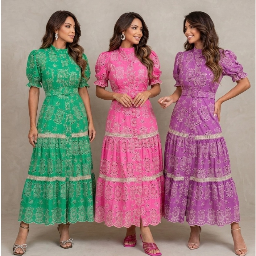 Vestido Midi Suellen Cinto e Gola alta Luxo Renda Laise Algodão Bordada Festa Formatura Madrinha BM