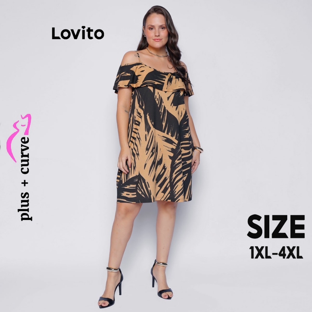 Lovito Vestido Plus Size Feminino Curto Decote Ombro a Ombro DRB1211BRL1241