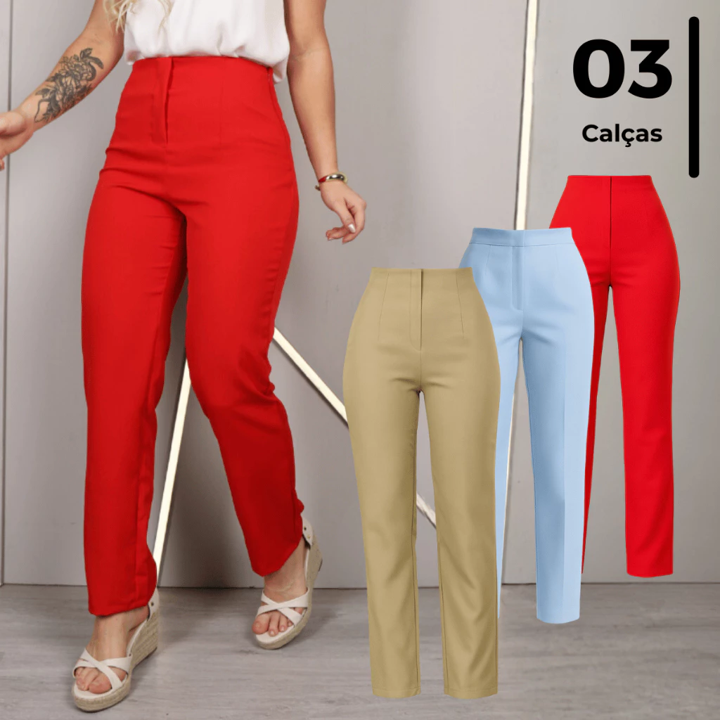 Lote 3 Calça Feminina de Alfaiataria Cintura Alta Reta sem Bolsos Verão Fresco Lisa Diferentes Cores — imagem 1