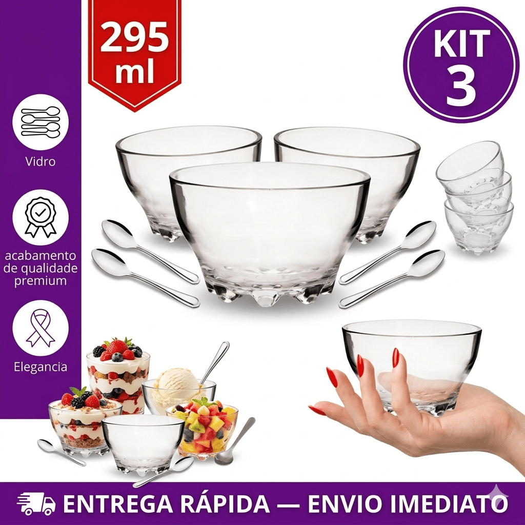 Kit Jogo de 03 Taças Wisdom Sobremesa Sorvete 295 ml Vidro Transparente Liso Desing Moderno Wincy