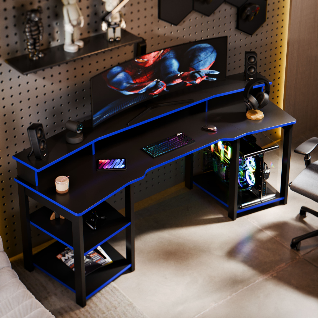 Mesa Gamer Escrivaninha Oslo Para Setup Gamer Com Prateleiras E Suporte Para Monitor Design Moderno