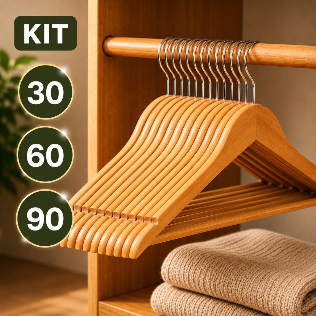Kit com 30/60/90 Cabide de Madeira Reforçado | Organização para Guarda-Roupa, Closet e Armário