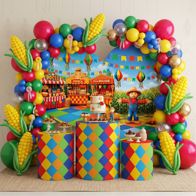 Capas Festivas Painel Redondo Festa Junina Trio Cilindro Arraia Decoração Colorida Completa Bibi Oferta