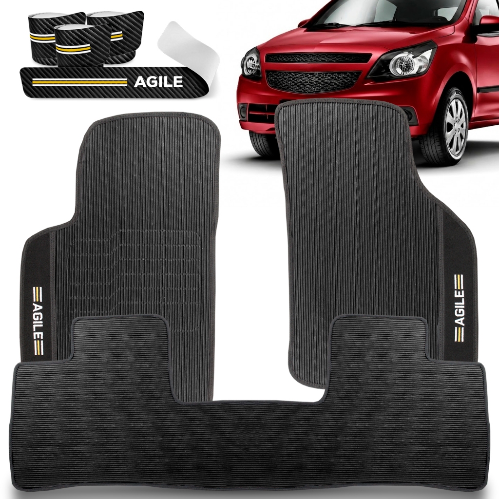 Kit Tapete Agile Bordado 09 10 11 12 13 14 + Soleira Vinil Anti Risco Resistente Uso Diário 4p