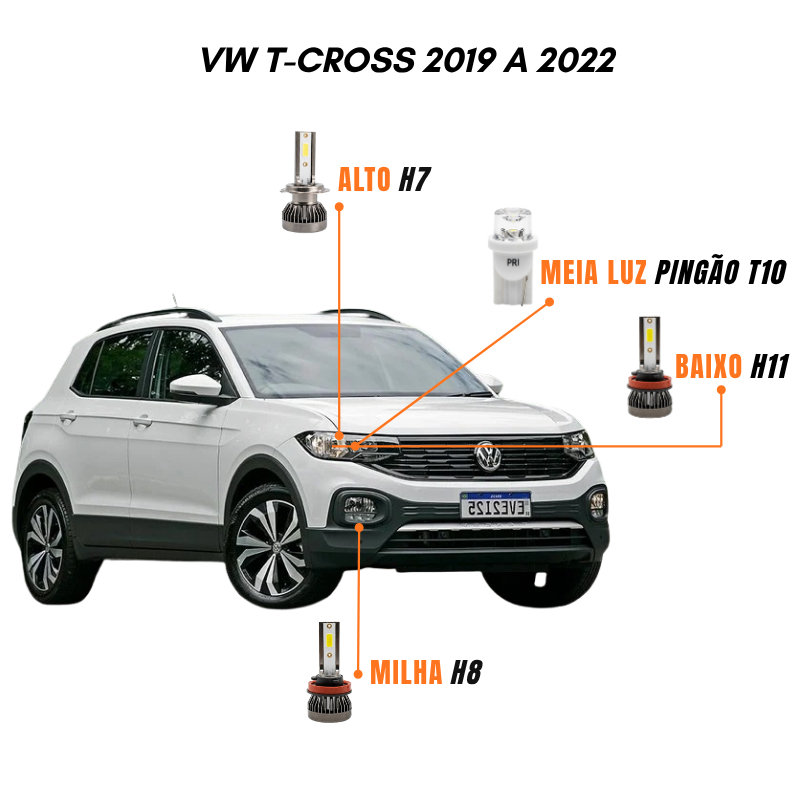 Kit Lâmpadas Farol LED VW T-Cross 2019 a 2022 6500K Luz Branca – Y3