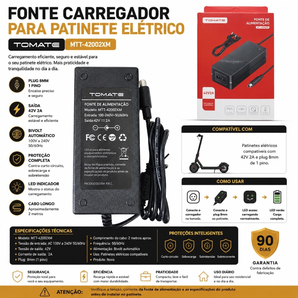 Fonte Carregador de Patinete Elétrico 42v 2a Plug 8mm Bivolt