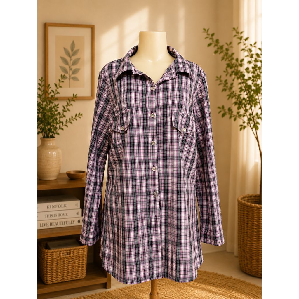 Camisa Feminina Xadrez Longa Roxa Social Casual Manga Longa Oversized Tam M Delicadamente Usada