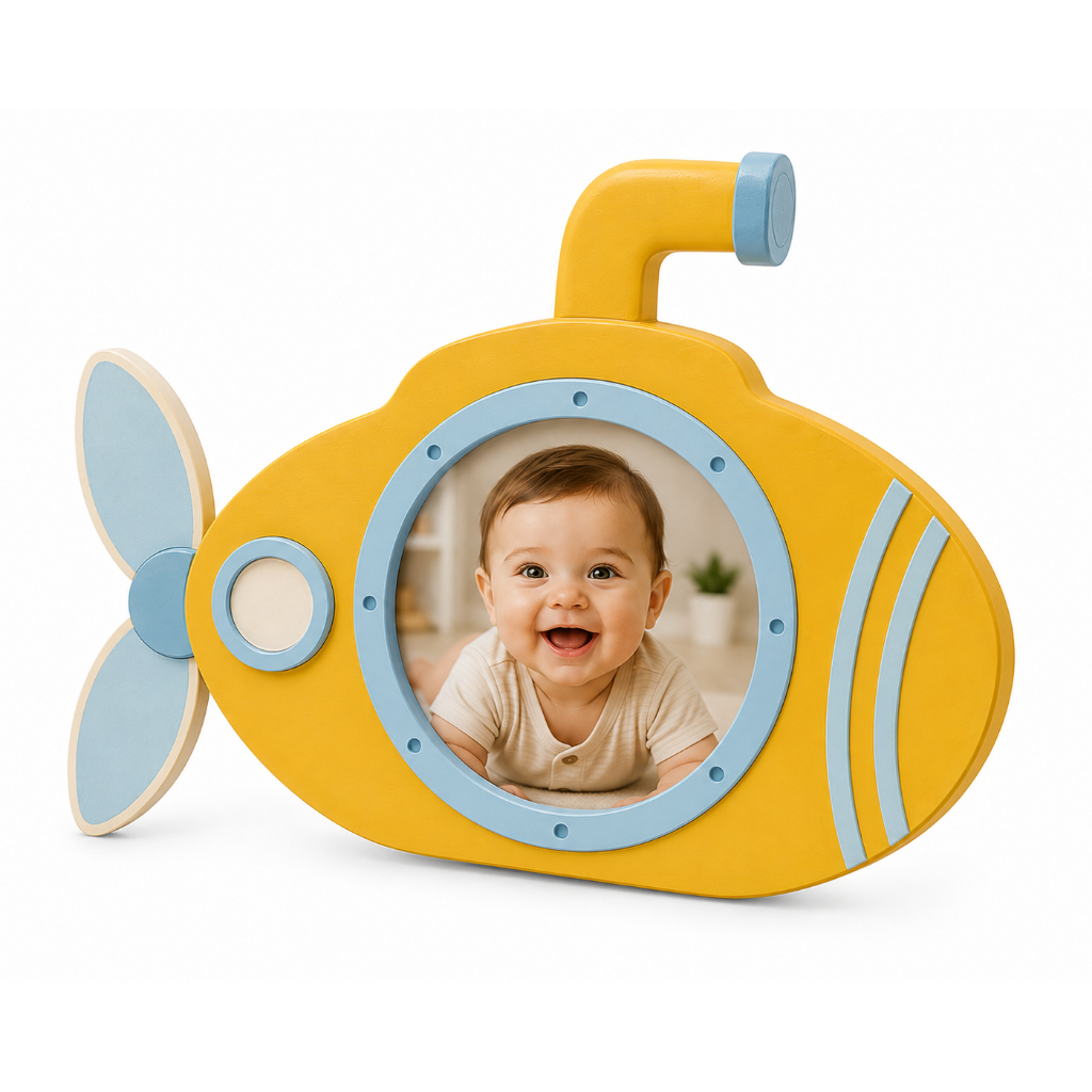 Porta Retrato Submarino Baby Cute Minimalista MDF | Decoração Fundo do Mar Infantil | Submarino Amarelo