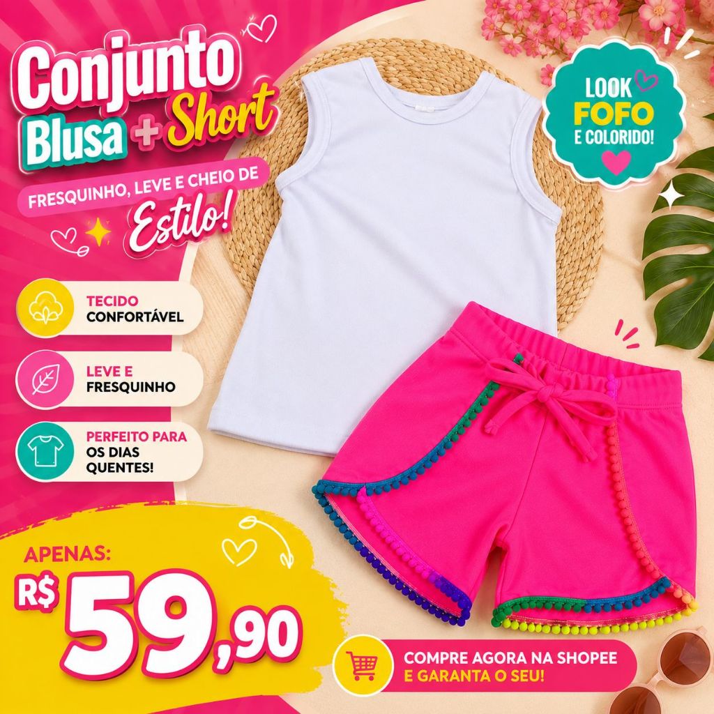 Conjunto Infantil Menina Blusa Regata + Short Colorido Verão| short infantil | regata infantil| conjunto feminino
