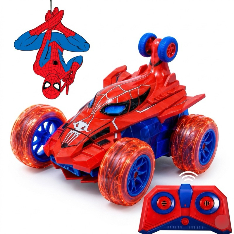 Carrinho Controle Remoto Homem Aranha Stunt 360° RC Com Luz LED Recarregável Giro Radical Anti Impacto Infantil
