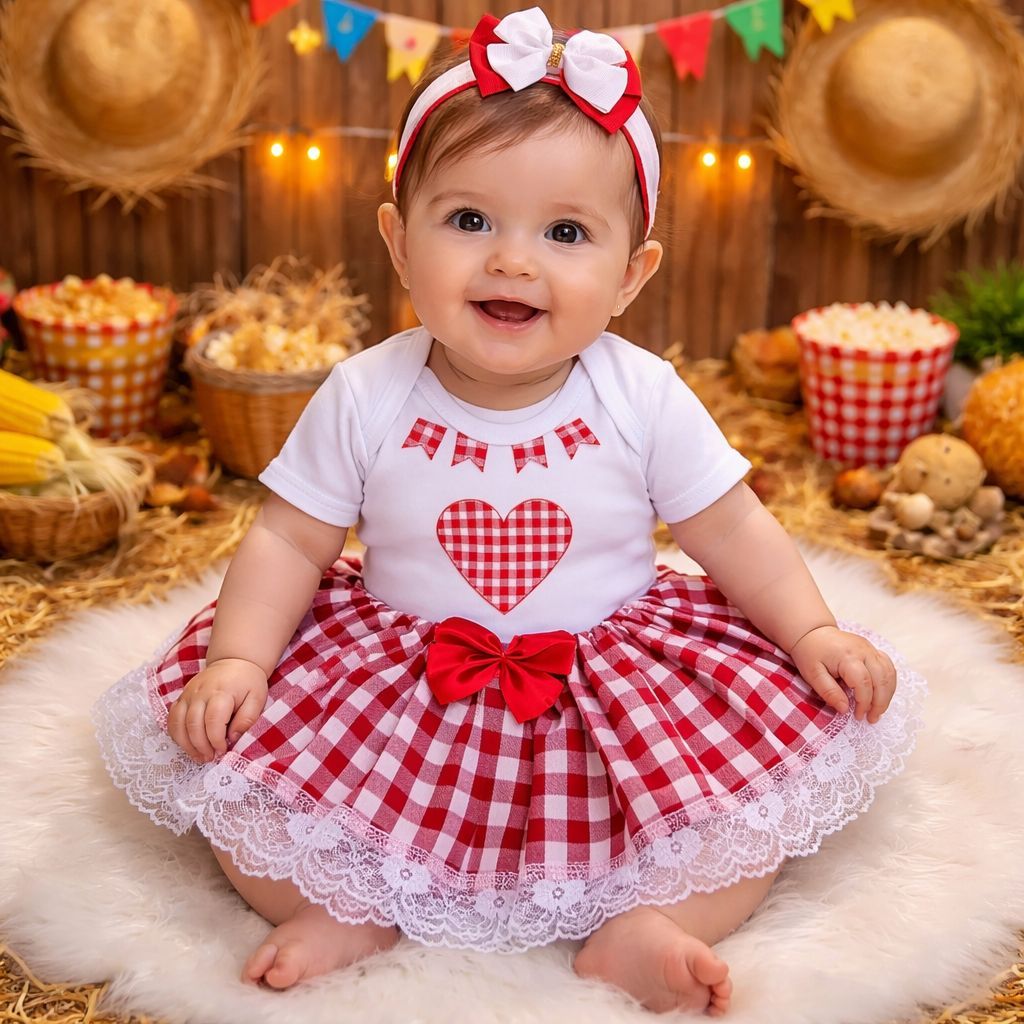 Body Bebê Festa Junina Menina Saia Xadrez + Laço Caipira Roupa Infantil Mesversário