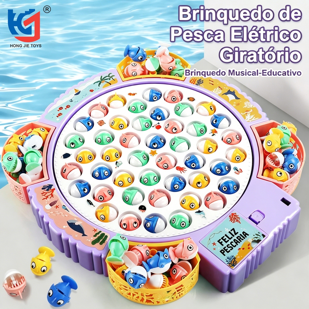 Jogo Pega Peixe Gigante Elétrico Giratório Musical 45 Peixes 4 Varas Brinquedo Interativo Família