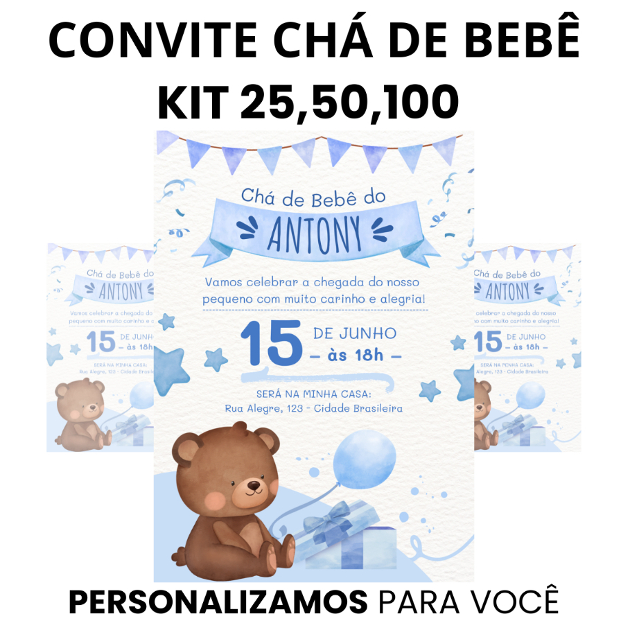 Convite Chá De Bebê Ursinho Menino Personalizado Papel Fotográfico Glossy Kit 50 100 150