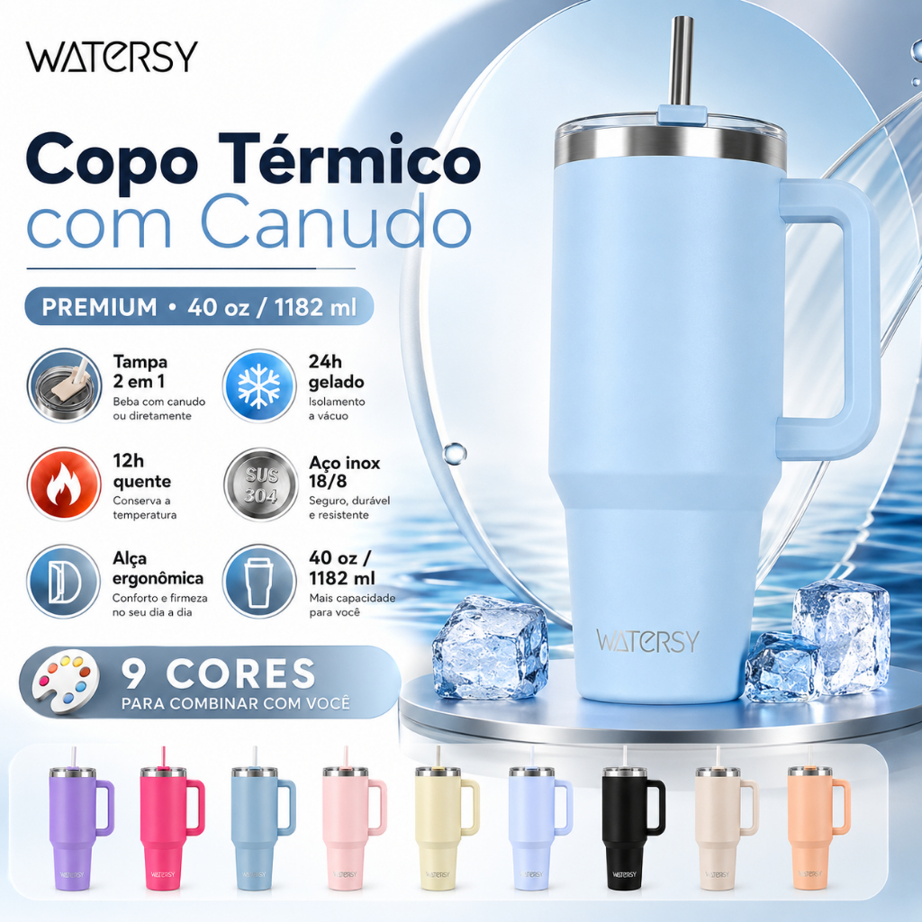 Watersy Copo Térmico 40oz 1182ml/891ml/591ml com Canudo e Alça Inox 304 Antivazamento para Carro