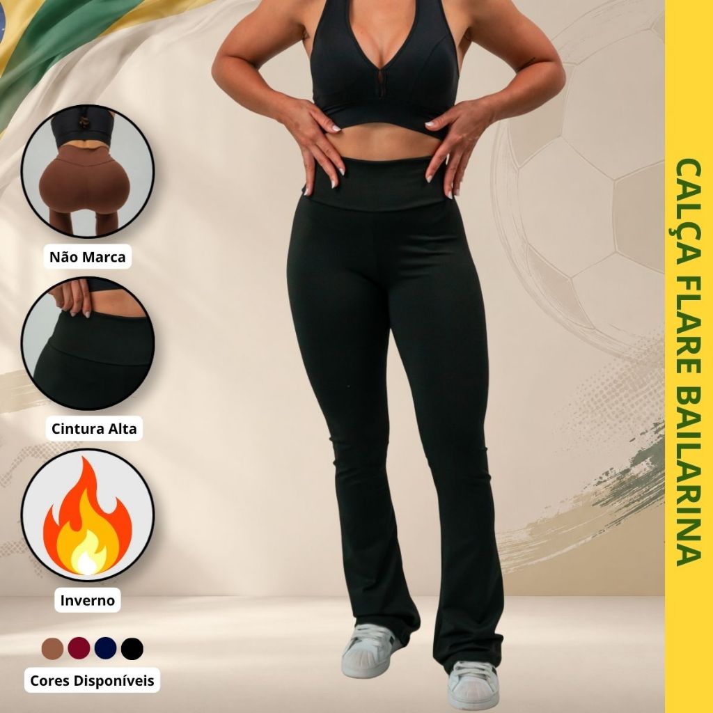 CALÇA LEGGING FLARE FEMININA BAILARINA Suplex Cintura Alta Boca de Sino Calça Copa do Mundo