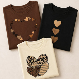 Kit 3 Baby Look Feminina Camisetas Coração Oncinha Algodão Bege Marrom Preto Manga Curta Casual Confortável Estilosa Top