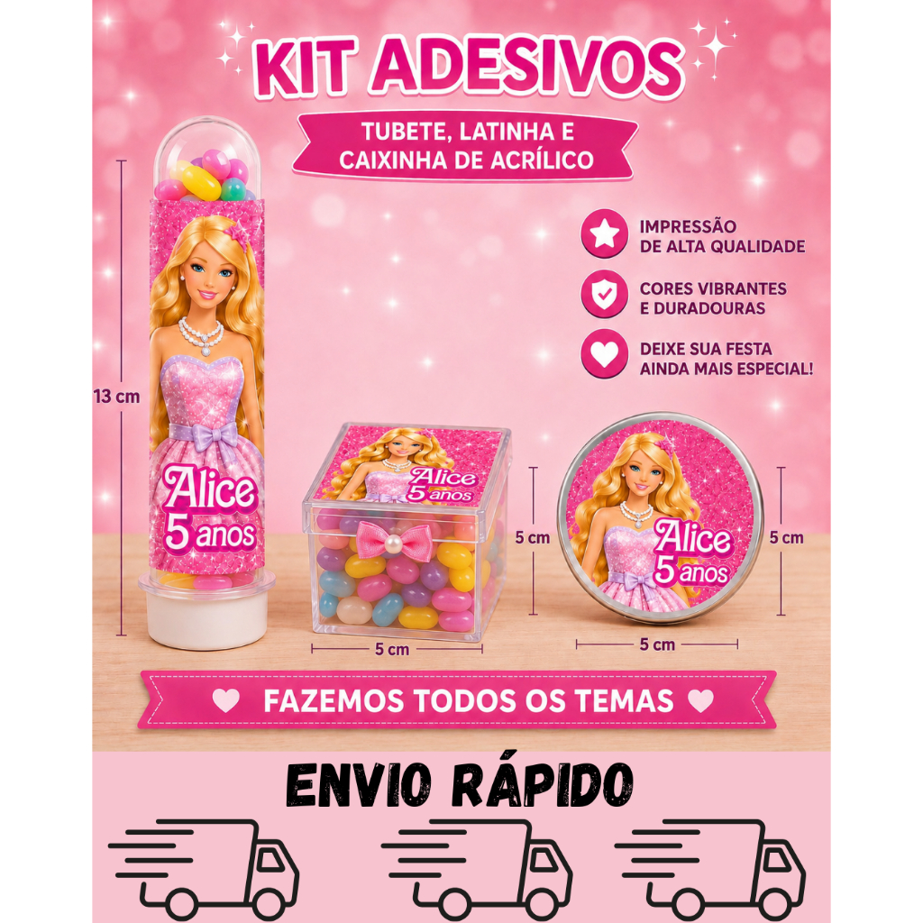 KIT DE ADESIVOS PERSONALIZADOS PARA TUBETE, CAIXA DE ACRÍLICO E LATINHA. LEMBRANCINHA BARBIE. FAZEMOS TODOS OS TEMAS