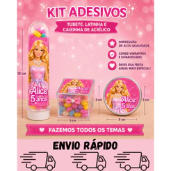 KIT DE ADESIVOS PERSONALIZADOS PARA TUBETE, CAIXA DE ACRÍLICO E LATINHA. LEMBRANCINHA BARBIE. FAZEMOS TODOS OS TEMAS