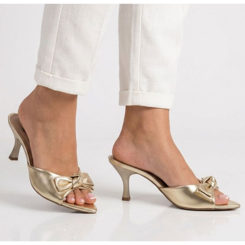 Tamanco Feminino Sandália Casual Confortável Dourado LAÇO Salto Fino Bico Folha Forma Pequena