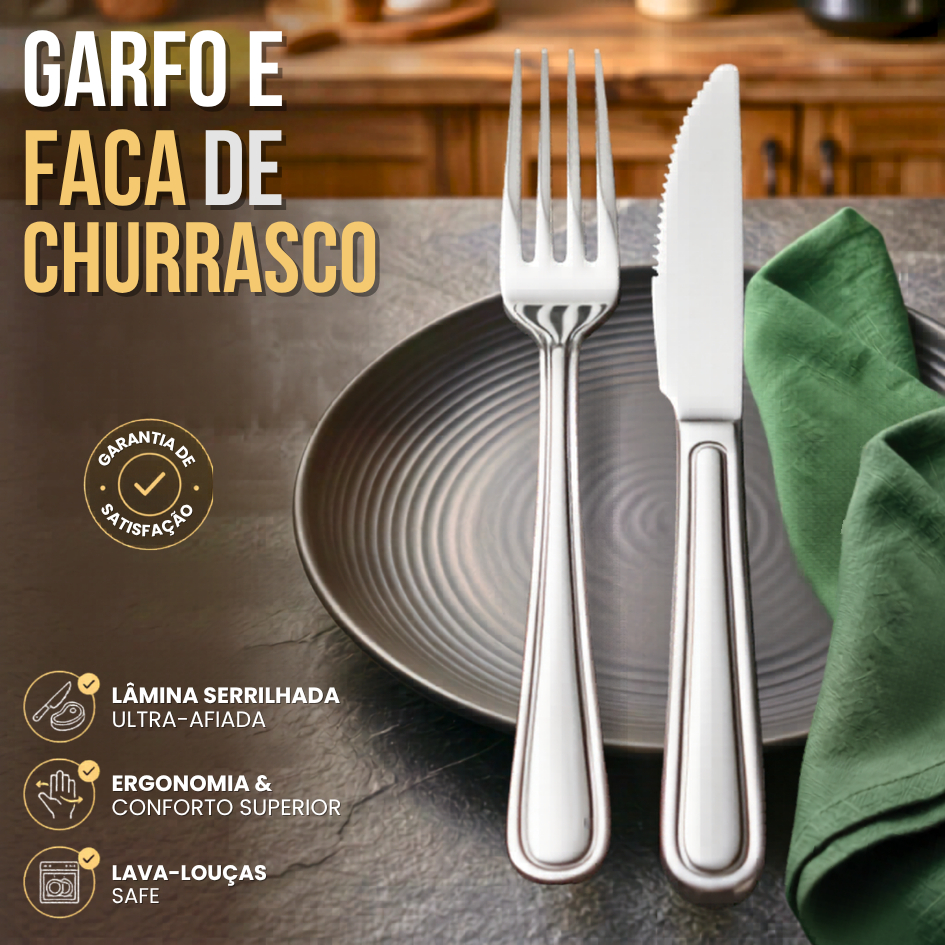 Conjunto Talheres Todo em Aço Inoxidável 24 ou 12 Para Churrascos Kit Conjunto Premium Garfo + Faca