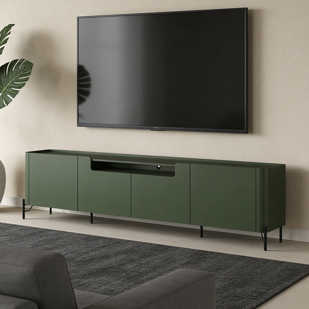 Rack Para Sala de Estar TV 75 Pol 4 Portas Pés Industrial Preto Alef I03 Musgo - Lyam Decor