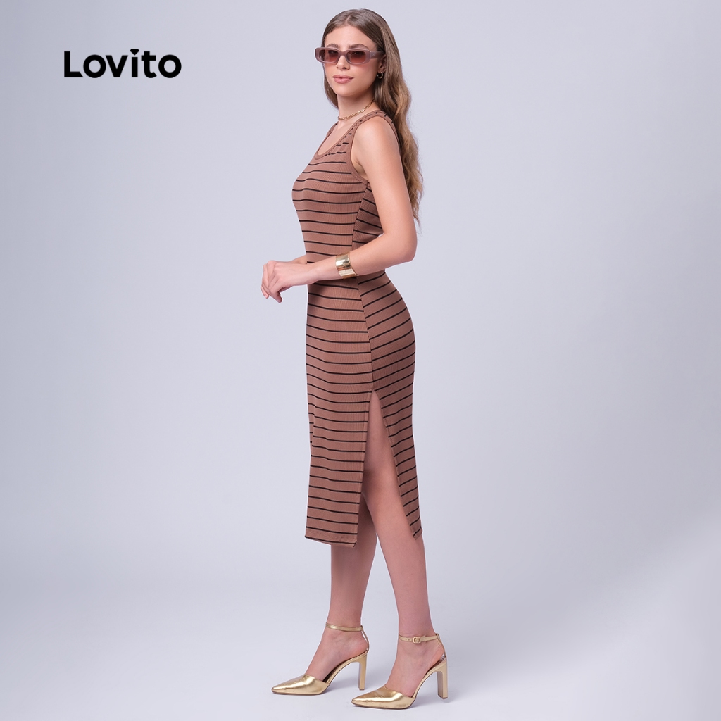 Lovito Vestido Feminino Midi Básico Listrado com Fenda Lateral DRB1BRL012