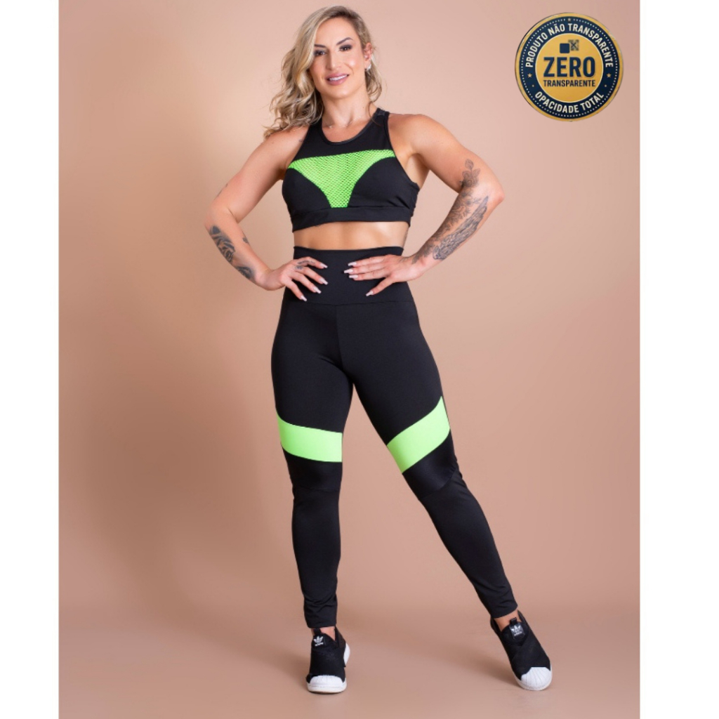 Conjunto Feminino Fitness Calça Legging Cintura Alta Detalhe Perna E Top Tela Academia Moda Treino ZERO TRANSPARÊNCIA