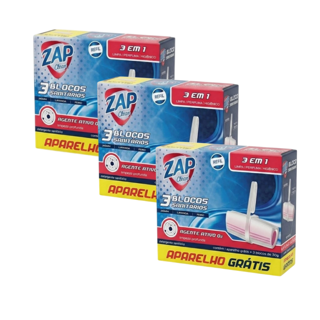 Kit com 3 Blocos Sanitários Zap Clean Leve 3 + Aparelho Grátis Pedra Sanitária