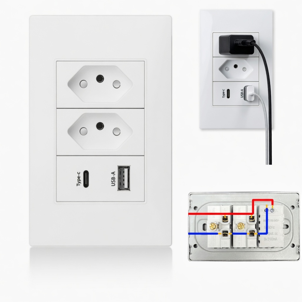 Tomada de Parede Dupla Com Entrada Usb e tipo C 5V Bivolt 4/1 Carregamento Rápido Multi Carregamento