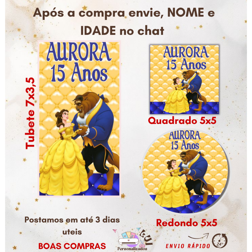 40/60/80/100 Adesivos Personalizados para Eventos Festas -A BELA E A FERA, SEM RECORTE (Envio Rápido)