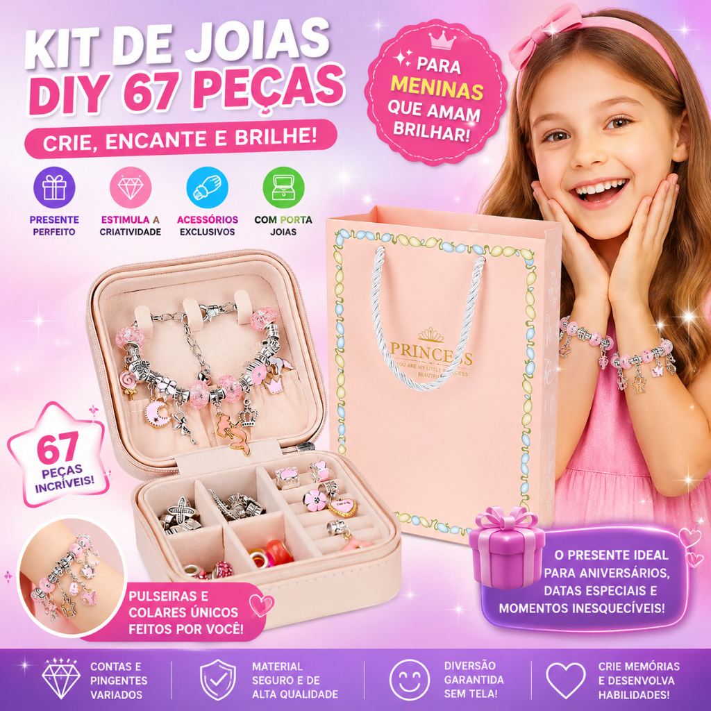 Kit Pulseira Colar Linda Diy 67pçs Com Porta de Joias Infantil Presente De Aniversário Para Meninas
