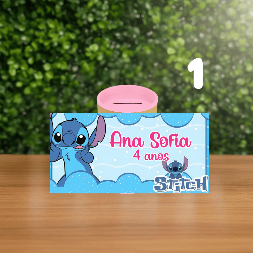 Rótulo Adesivo para personalizar cofrinho STITCH  / para cofrinho grande /Aniversario / Festa infantil / Decoração