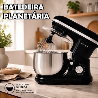 Batedeira de Bolo Planetária Batedeira de Bolo 700W Batedeira 5L Agrato Batedeira Preta 3 Batedores