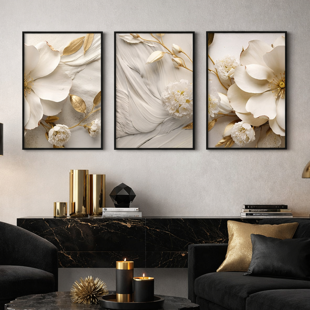 Quadro Decorativo Floral 3 Telas Com Moldura Para Sala Quarto Com Vidro