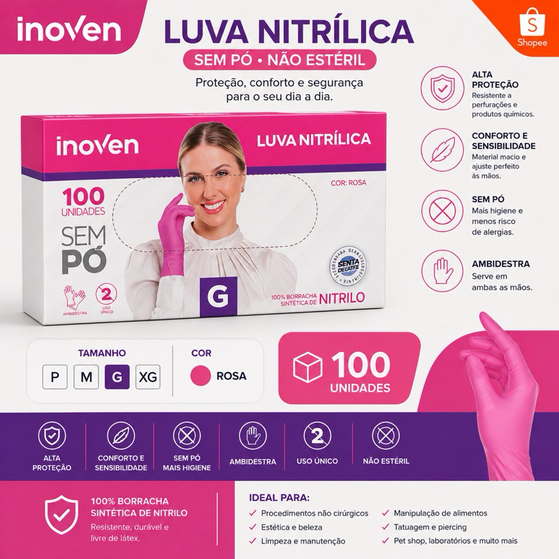 Luva Nitrílica Inoven Sem Pó 100 Unidades Rosa Tamanho G
