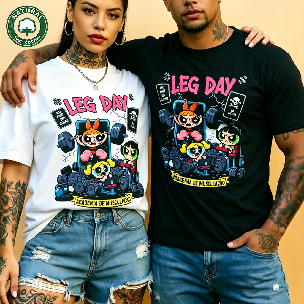 Camiseta 100% Algodão Treino Feminina Plus Size Docinho Oversized Roupas de Academia Look de Treino Super Poderosas Meme