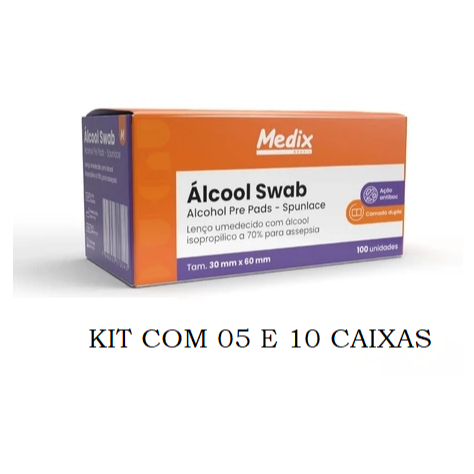 Álcool Swab Isopropílico 70% Lenço Umedecido Medix 100un - kit com 05 e 10 unidades