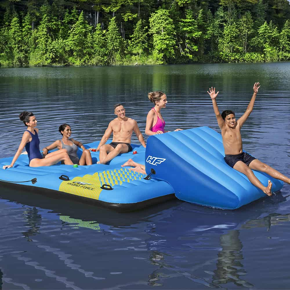 Boia Ilha Flutuante Inflável 5 Pessoas 3,65m X 2,95m + Escorregador HydroForce Summer Slide Bestway