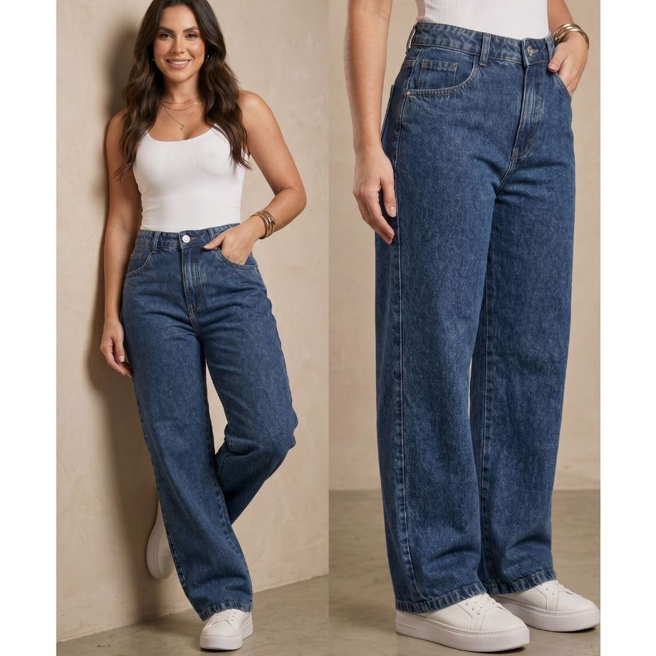 Calça wide leg jeans clara , rasgada, escura, OFICIAL W2DENIM