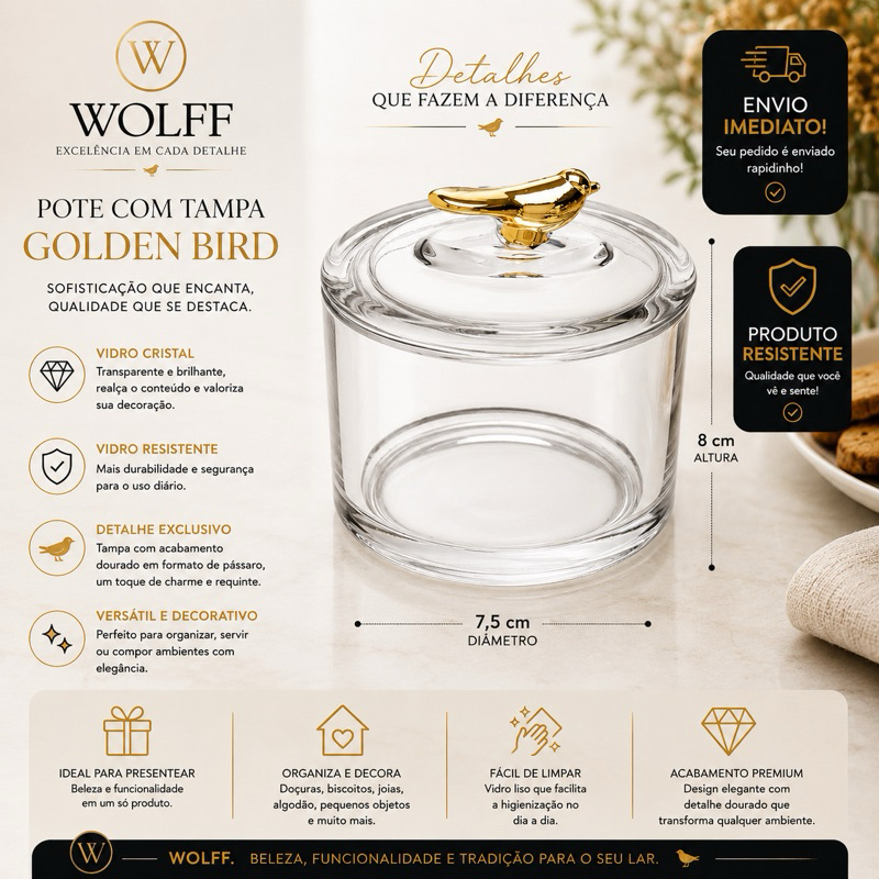 Pote com Tampa  Vidro Cristal Decorativo Golden Bird Wolff 7,5 x 8cm  Dourado Vidro Resistente Wolff