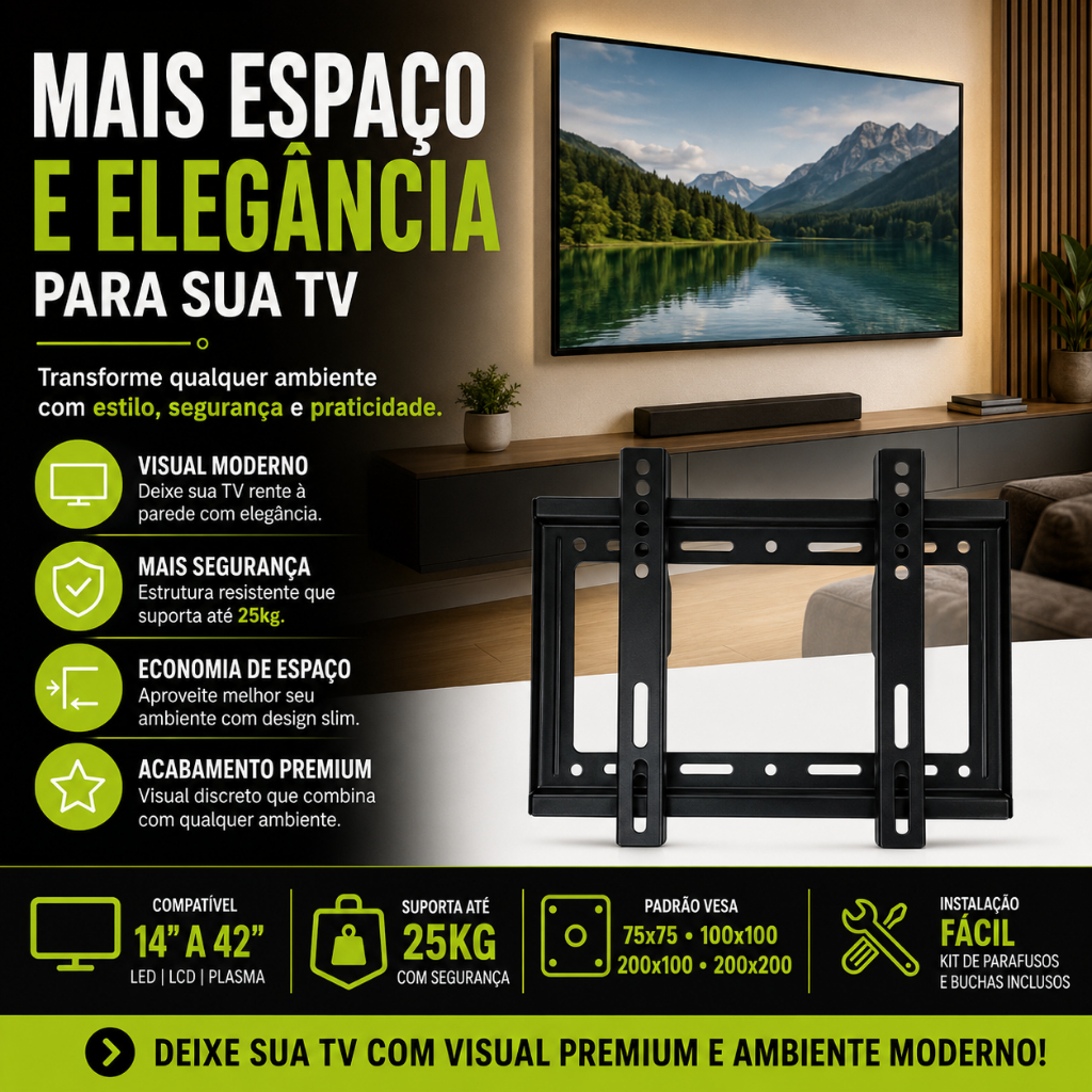 Suporte Fixo TV 14 a 42 Polegadas Universal LED LCD Plasma VESA 200x200 Até 25kg