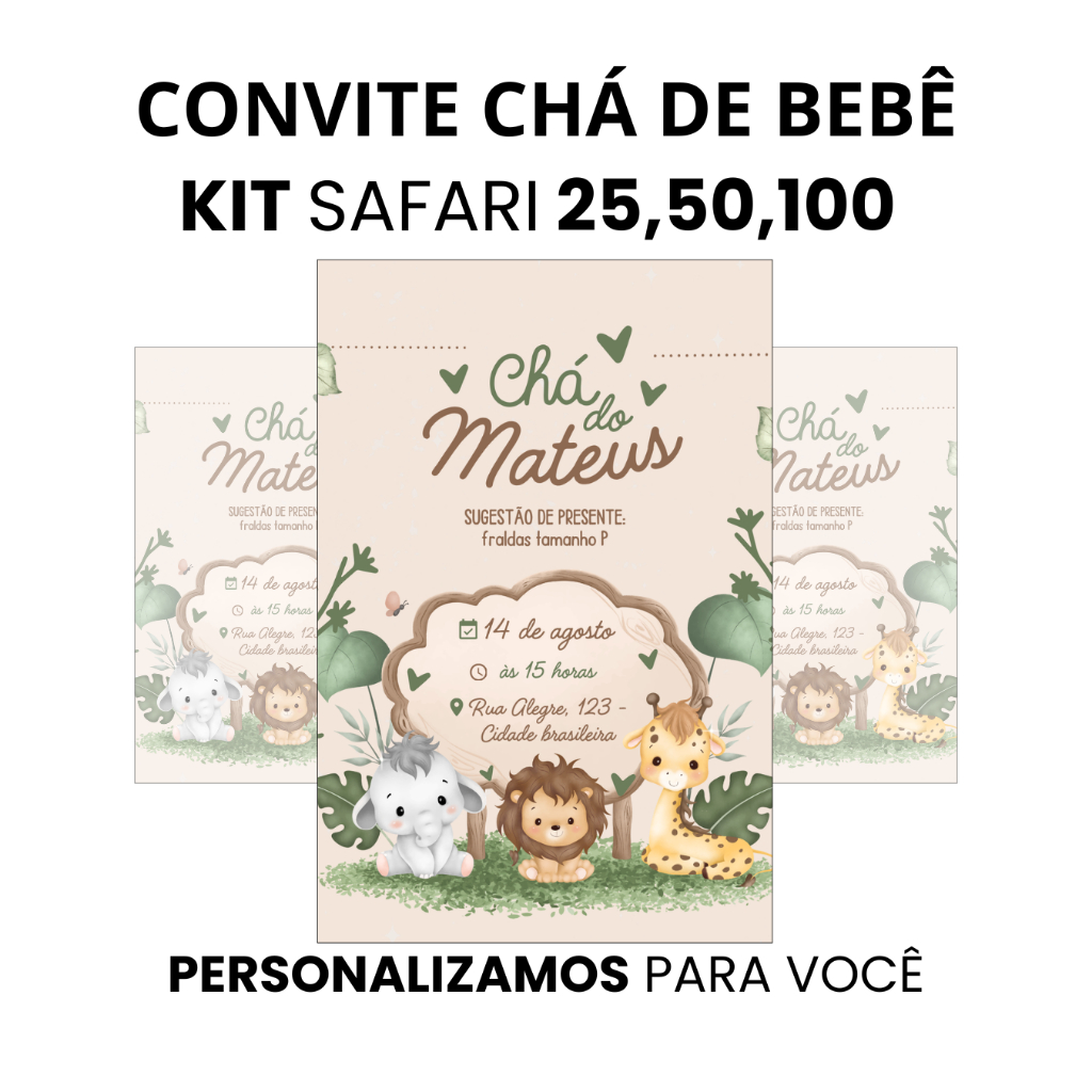 Convite chá de bebê safari menino personalizado, papel fotográfico glossy com impressão colorida